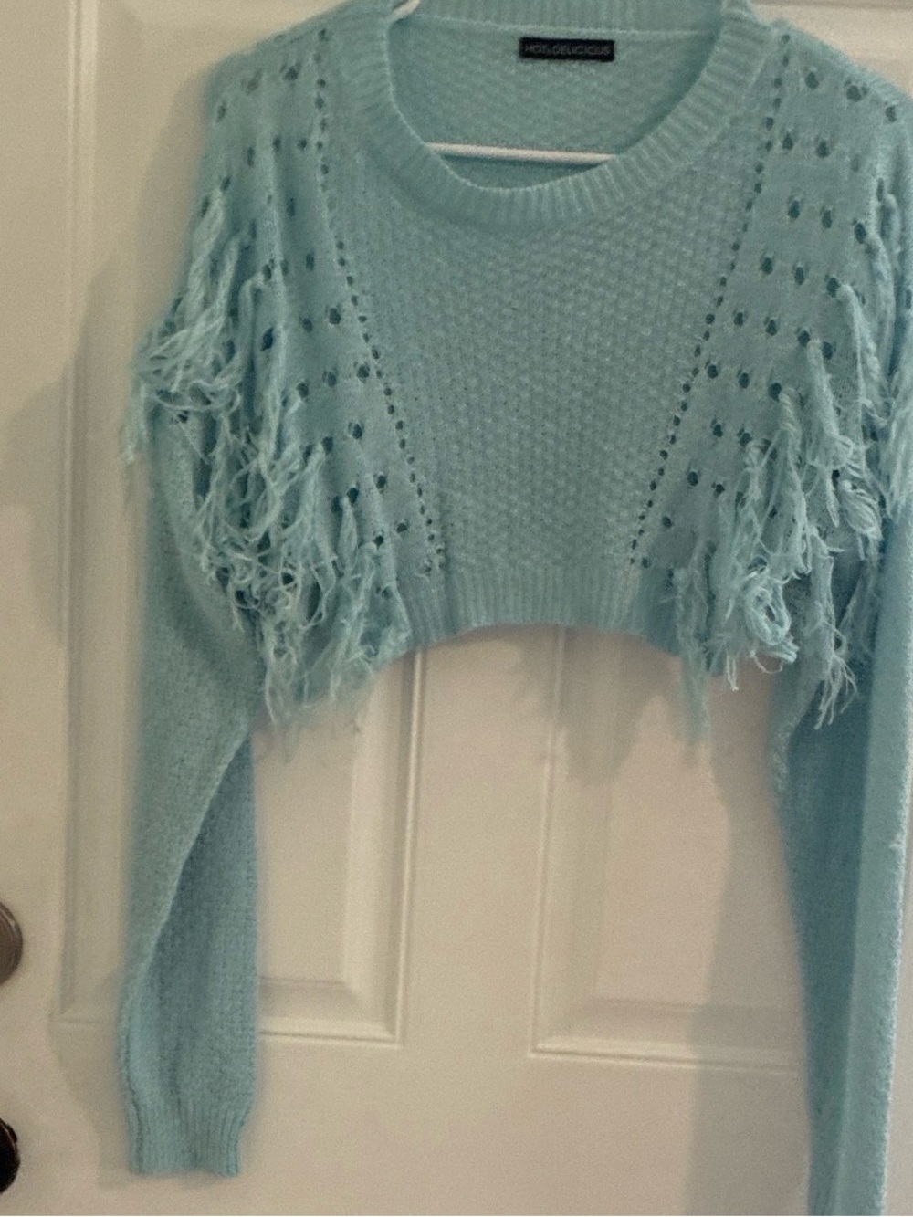 Hot & Delicious Light Blue Cropped Fringe Crewneck Sweater